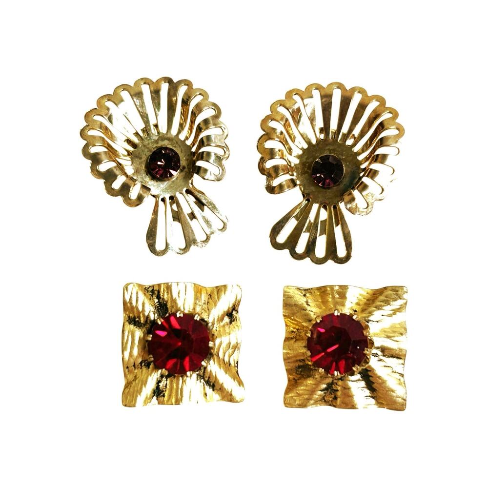 Vintage Gold Tone Purple Center Starburst & Square Red Center Clip On Earrings